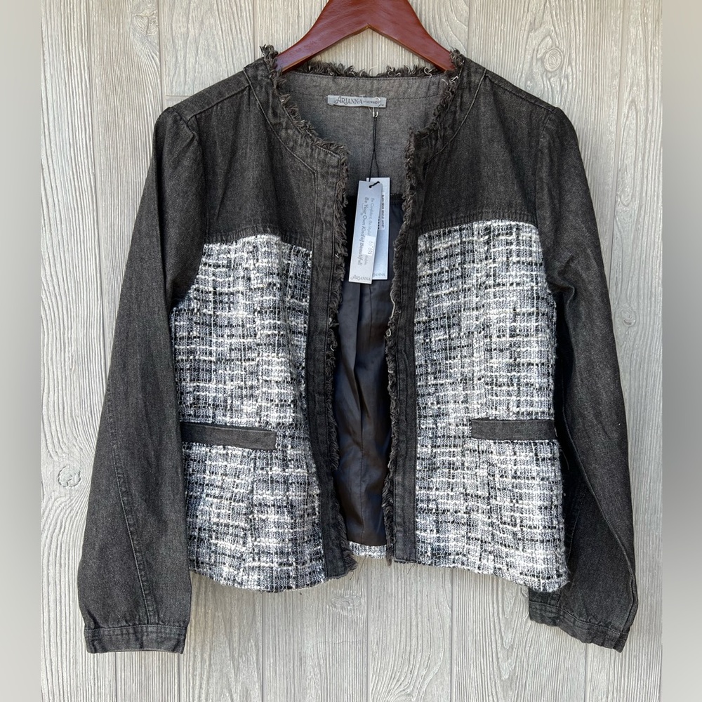 Arianna by Howard’s Tweed Bouclé Denim Jacket Black White Fringe Trim S/M NWT